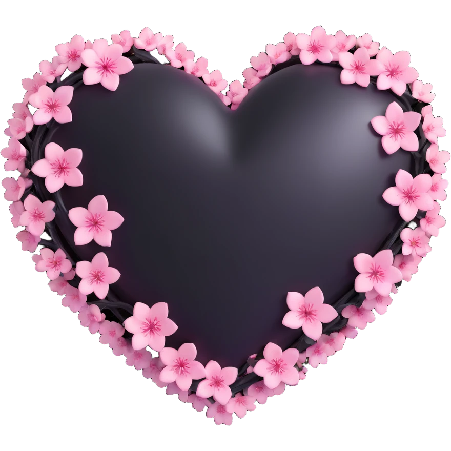 goth sakura heart, black heart with pink cherry blossom petals, glossy and rounded, dramatic and cute emoji