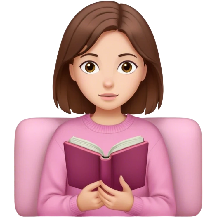 Pretty brown eyed white girl with brown hair and bangs pink sweater reading cozy emoji