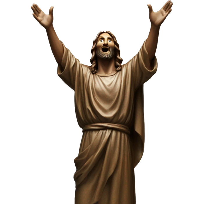 christ reaching up to sky with one hand, flying bronze emoji
