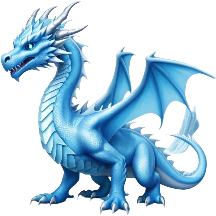 Cinematic Noble wise elegant Ice Dragon full body  Emoji, Poised and imposing, distinct long elegant snout, with a slender, scaled body shimmering in glacial hues of icy blue, frostbitten silver, and crystalline white, breathing out frost, with piercing, glowing ice blue white eyes that radiate the chilling depths of an arctic storm; rendered in detail. excuding wisdom emoji