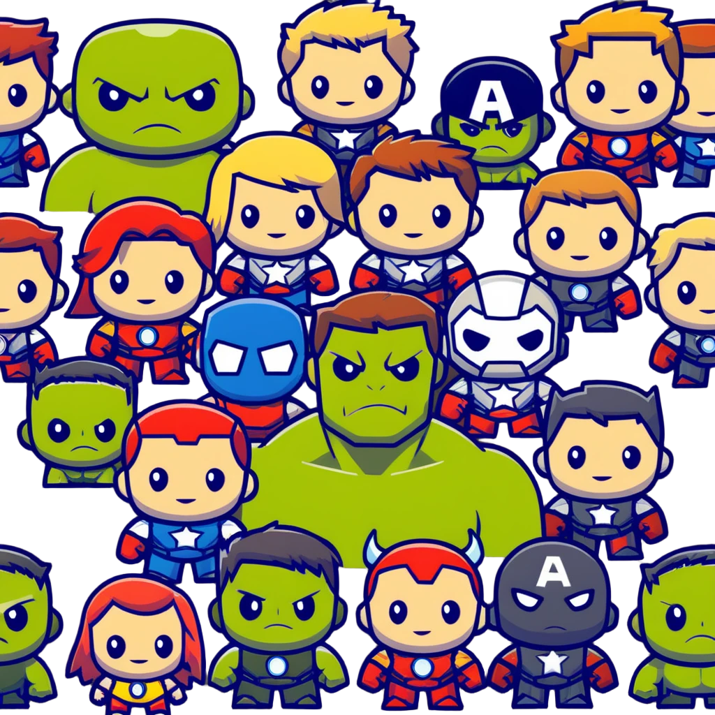 Chibi Avengers team with cute small proportions, big heads, tiny bodies. Include Iron Man, Captain America, Thor, Hulk, Black Widow, and Hawkeye with adorable expressions emoji