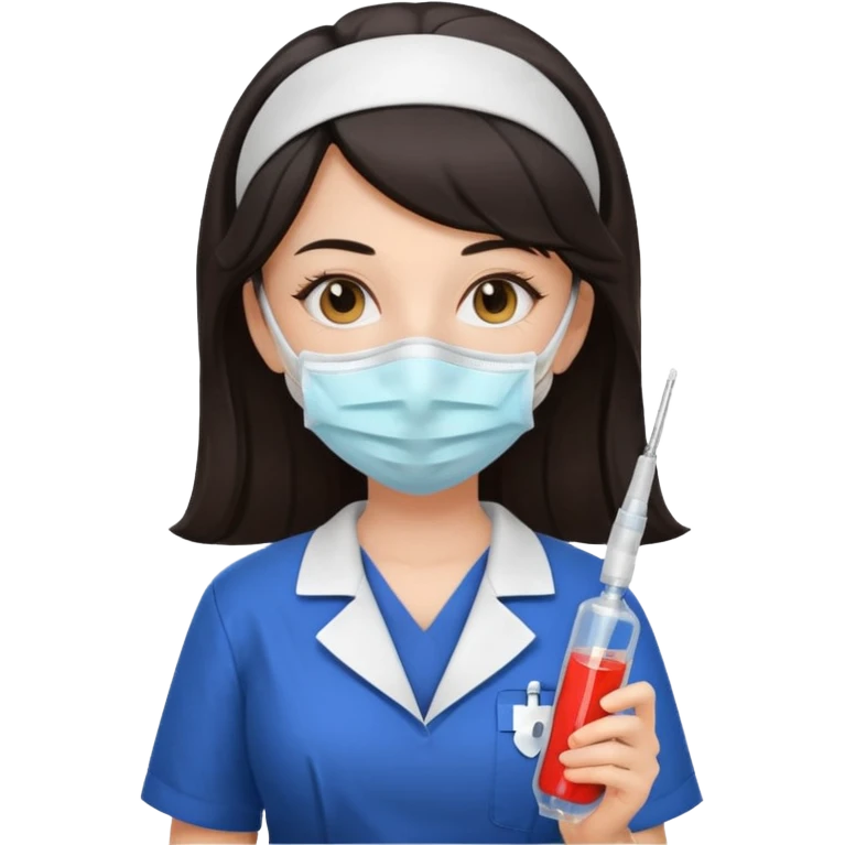 ی دختر با روپوش پرستاری و ماسک موی مشکی و امپول ب دست emoji