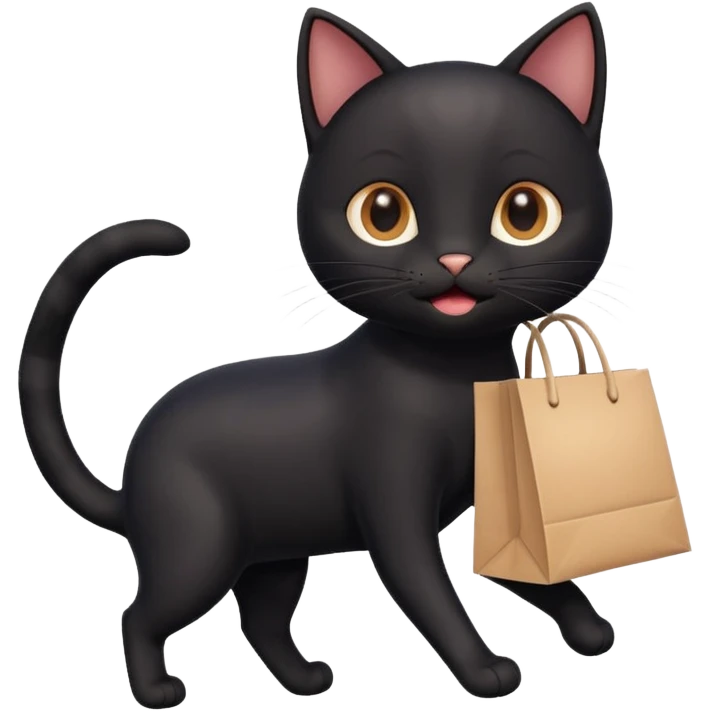 A cute black cat emoji in Apple-style, shown in side view like 🏃, running on four legs with a shopping bag in its mouth. Smooth gradients, soft shading, rounded features, and cheerful mood. emoji