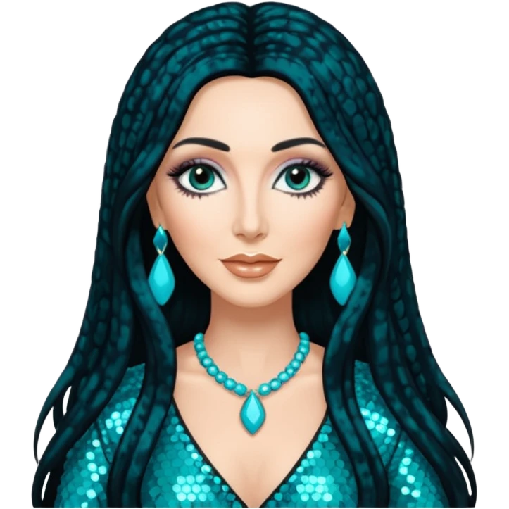 Cher, Goddess of Pop from Famous People with long jet black hair, turquoise sequin outfit emoji