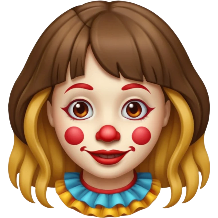 A clown emoji with brunette bangs long hair emoji