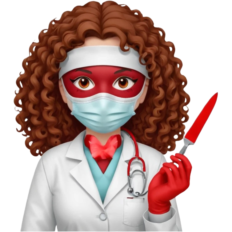 Scary woman scalpel in hand, evil surgeon sexy surgeon clothes.  She has red eyes. Her  brown long curly hair. Wears sexy doctor outfit with red gloves. make her hair free and brown but have mouthy  wear  mask  to hide. Wears white surgeon jacket and emoji