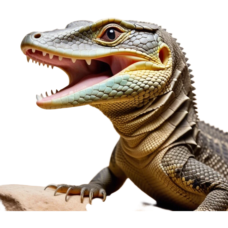 Cinematic Realistic Cute Yawning Monitor Lizard Portrait Emoji, Head tilted slightly with a dramatic, wide-open yawn, showcasing a soft, textured scaled hide with subtly drooping features and half-closed, drowsy eyes, rendered with meticulous natural detail and warm shadows, high shine, relaxed yet expressive, styled with a dash of desert charm, soft glowing outline, capturing the essence of a sleepy yet affectionate monitor lizard that appears ready to stretch out for a restful nap! emoji
