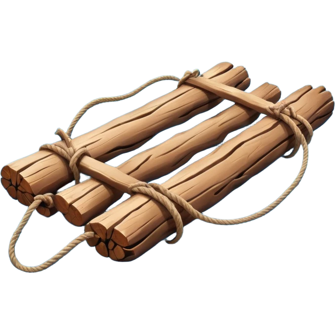 showing a simple wooden raft floating on calm blue water — made of several brown logs tied together with rope — gentle ripples around it — bright, cheerful lighting and soft shadows — minimalist, clean emoji design emoji