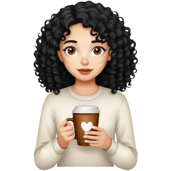 Cute girl with black curly hair and vitiligo and holding a cup of coffee emoji
