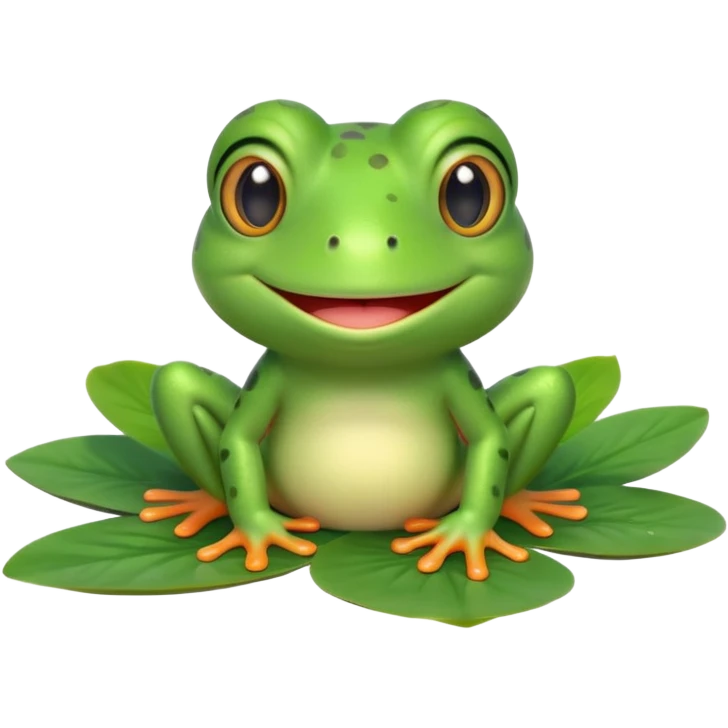 A cute 3D cartoon frog sitting on a lily pad, bright green skin, big friendly eyes, smiling face, soft natural lighting, Memoji-style rendering. emoji