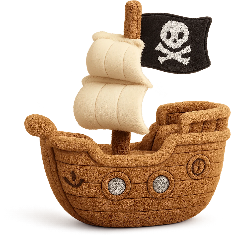 A plush pirate ship toy with soft fabric sails, embroidered wooden details, cute stitched portholes, and a friendly jolly roger flag emoji