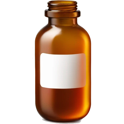 Singular Amber colored pill bottle with a plain white label filled halfway with liquid emoji