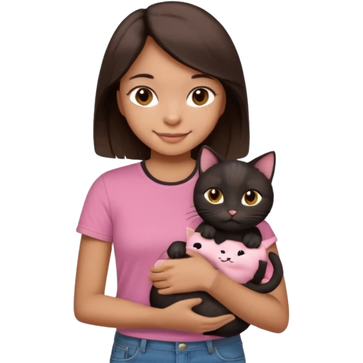 As una chica con piel marron claro con el pelo  medio largo color marron oscuro que tenga la chica una camiseta rosada mangas cortas con un jean claro que tenga ojos marrones la chica que la chica este sonriendo mientras sostiene entre sus brazos 1 gato negro gordito. emoji