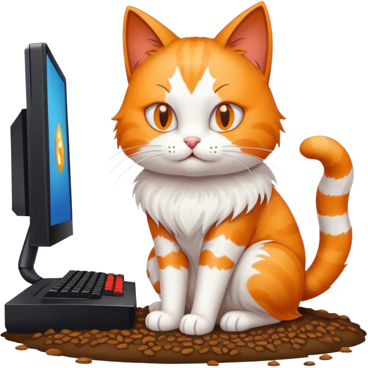 Cat sitting on poop with gaming pc emoji
