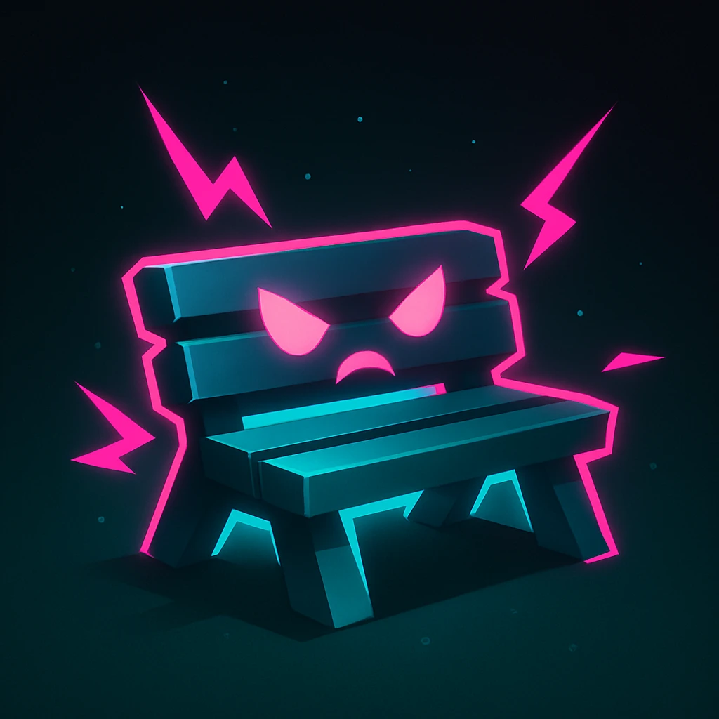 stylized bench as a Just Shapes and Beats character, using bold shapes, neon colors, and a glowing effect emoji