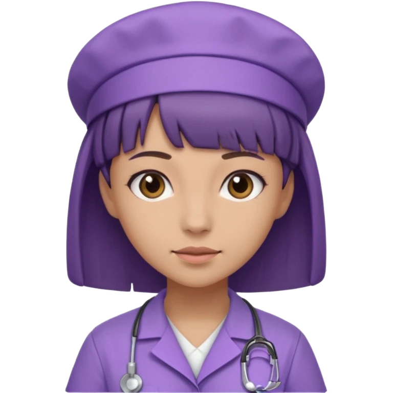 A young female slim nurse with short Brown hair with fringe over her forehead, wearing larvendar purple working cloth emoji