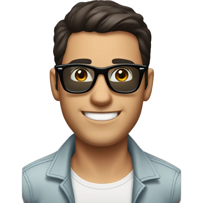 a guy with short dark hair, thick brow, grinning, with rayban wayfarer emoji