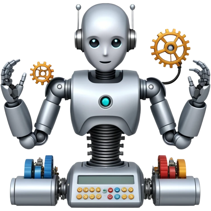 An icon featuring a humanoid robot assembling parts with robotic arms, surrounded by gears, circuit boards, and sensors, symbolizing robotics. The design includes a control panel and AI interface, representing automation, engineering, and innovation. Transparent background. emoji