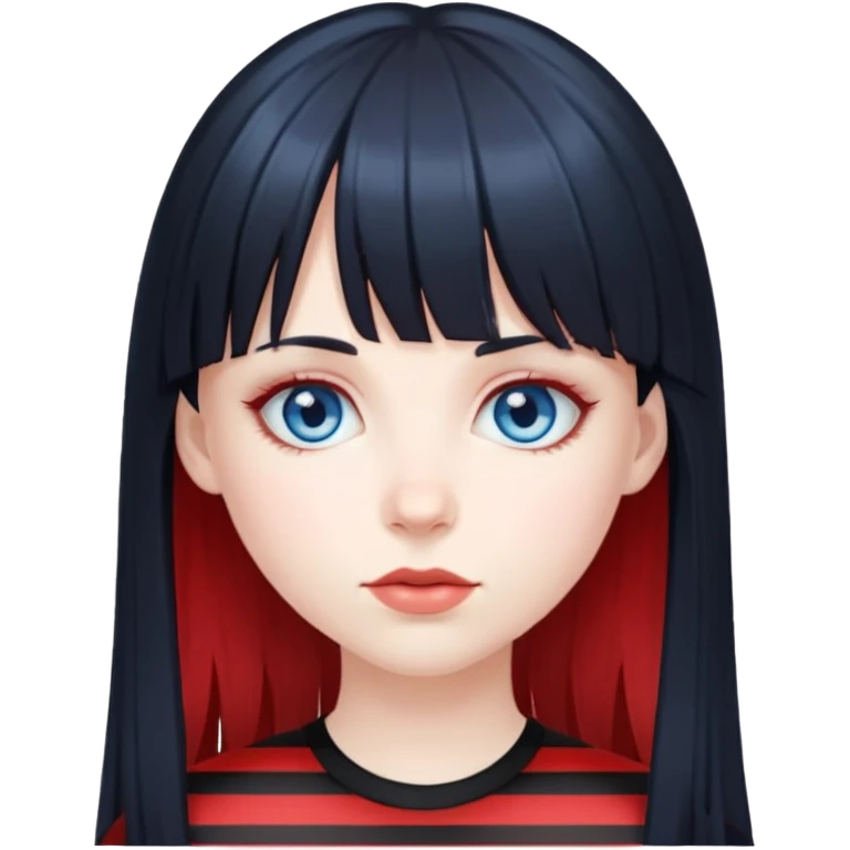 Blue eyes pale girl, long black hair with red striped hair and bangs emoji