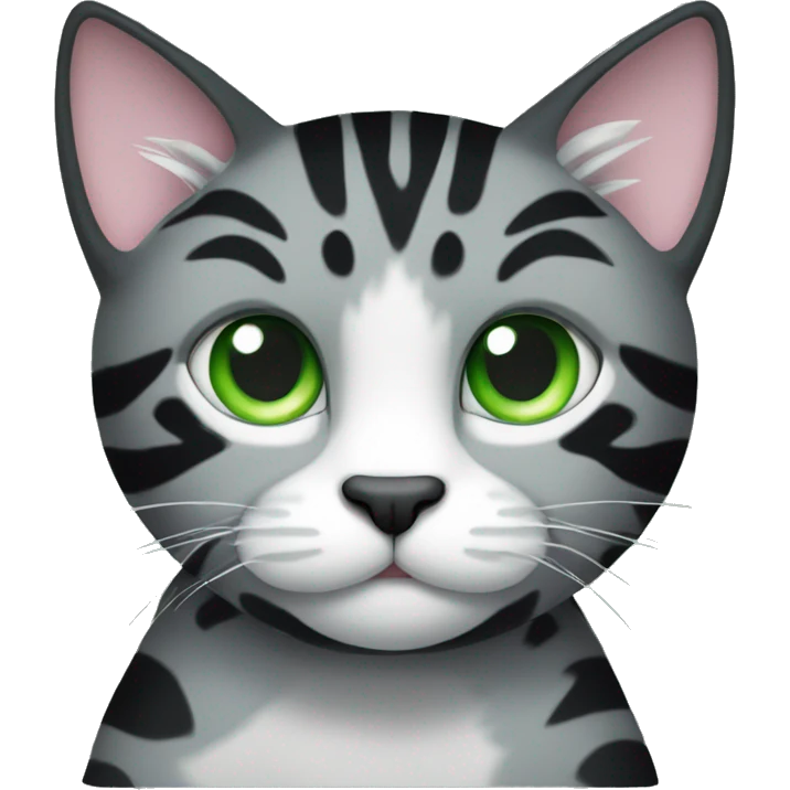 black cat with grey tiger stripe pattern and white chest / paws and green eyes emoji