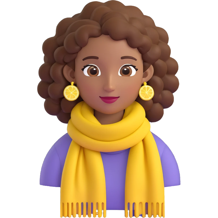 boho girl emoji, brown skin, long curly brown hair up, lemon yellow scarf, round earrings emoji