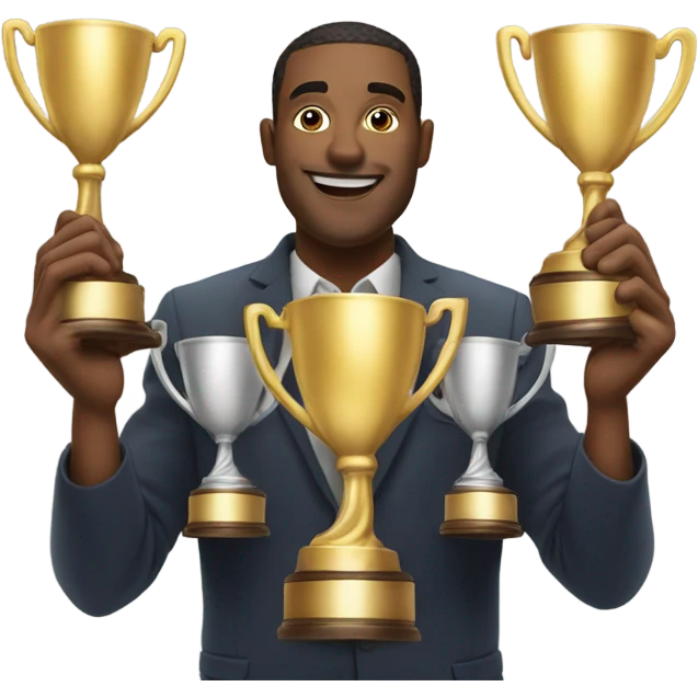 Guy holding trophies emoji