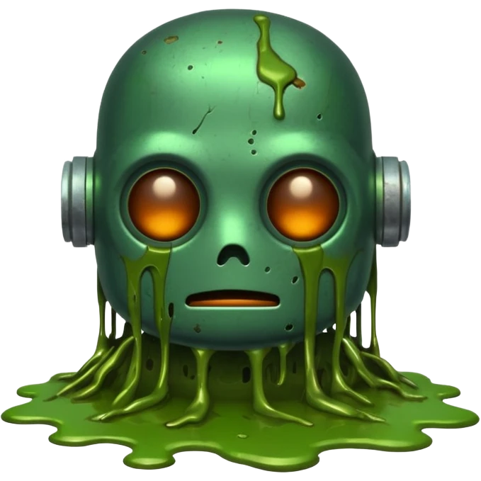 make a tired old melting robot emoji, covered in green sludge, 2d emoji