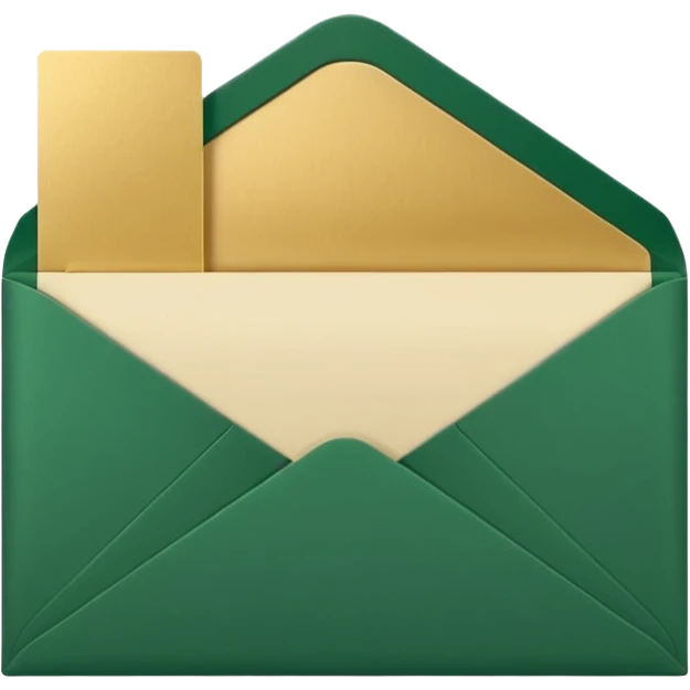 3D minimal open envelope with paper sliding out, matte finish, deep green (#0B3D2C) envelope, cream (#F5F5DC) paper, subtle gold (#C9B037) edge, Apple style, ultra clean, soft shadow, transparent background emoji