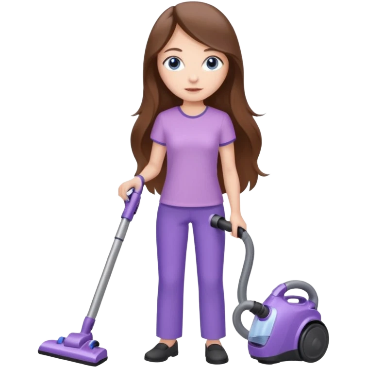 beautiful girl with long brown hair, blue eyes and wearing light purple clothes, cleaning and vacuuming emoji