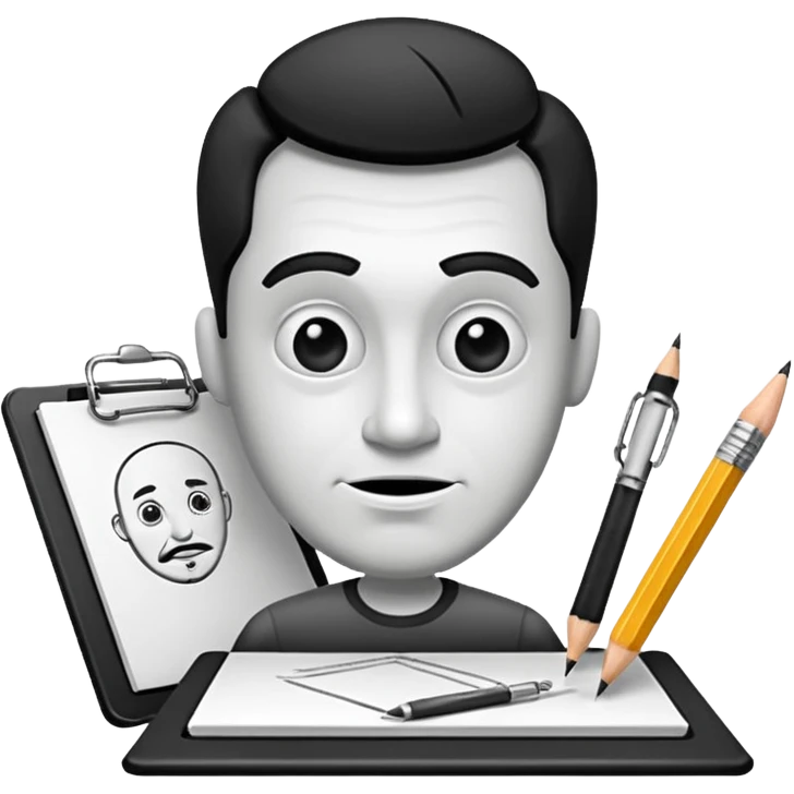 Create an icon representing the process of creating a black-and-white caricature. Include a pencil, a sketchpad with a humorous, exaggerated figure, and inking tools. Use bold lines and shading, with a transparent background. emoji