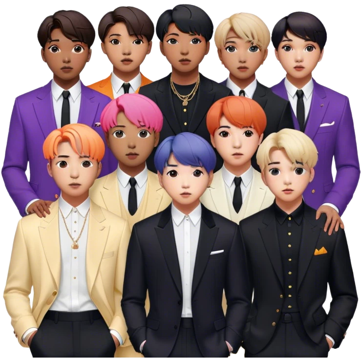 Cinematic Realistic group portrait of BTS featuring all 7 members in stylish modern attire, with detailed facial expressions and vibrant colors, captured in dynamic, contemporary lighting that emphasizes their global pop icon status emoji