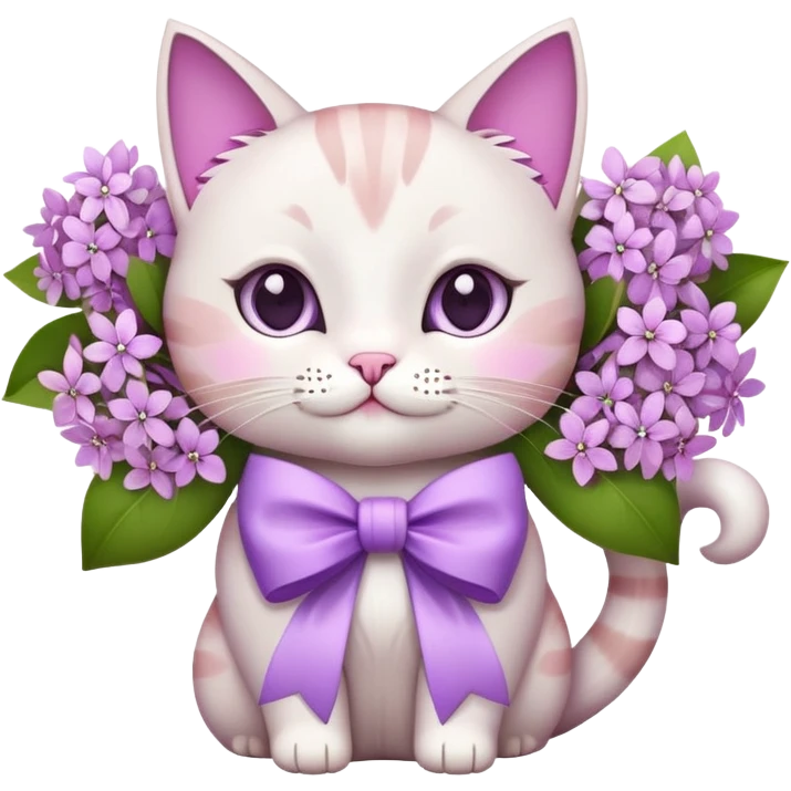 white and pink detailed cat holding lilac flowers with a big bow on its neck, emoji style emoji