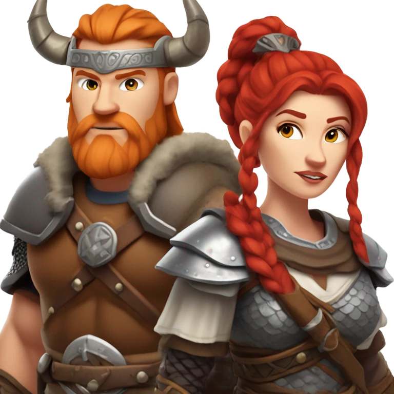 White Viking red head pale skin beautiful dragon  queen with a Viking solder with a gray man bun built white solder on a dragon  emoji