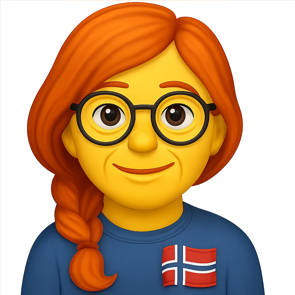 Add long wavy orange-red hair, tied loosely to the left, to a middle-aged Norwegian woman with large round glasses. Keep the emoji style and all other features the same. The style should resemble emoji style with a transparent background. emoji