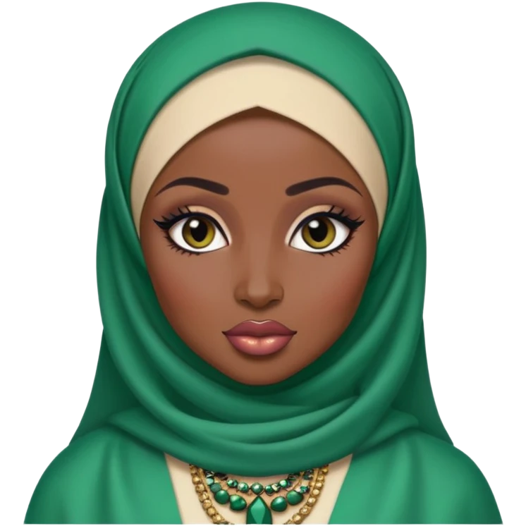 Nigerian, pretty lips, nigerian clothes, very dark skin, hijab, jewelry, pretty bratz baddie, black eyeliner emoji
