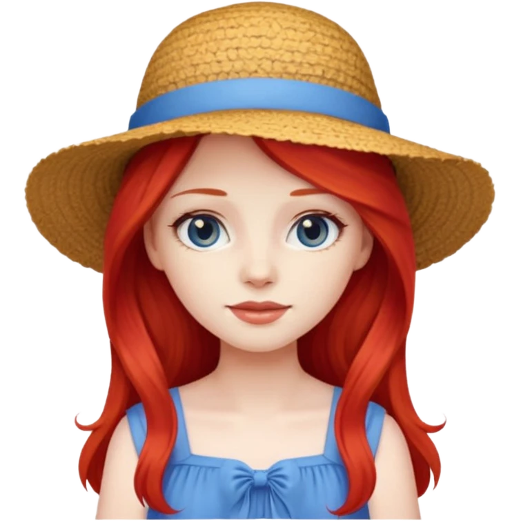 girl_wearing_summer_hat, red long hair, blue dress emoji