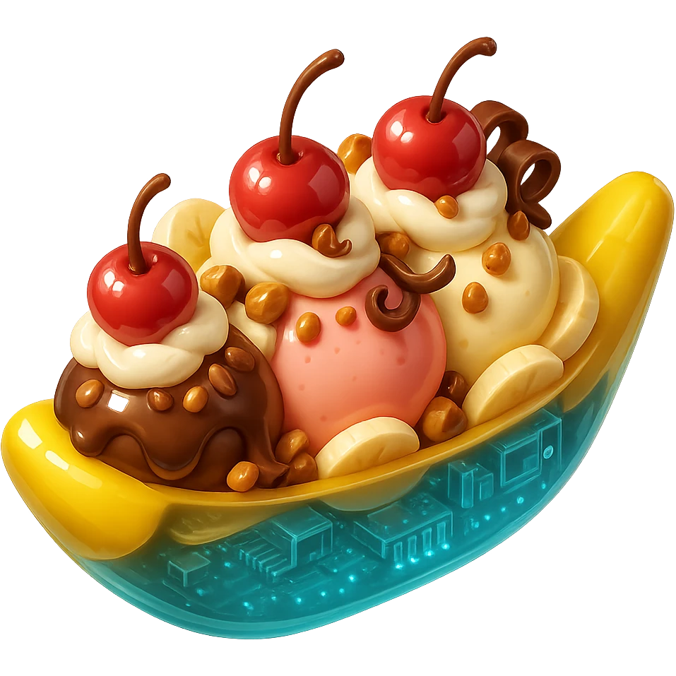Add extra toppings: sliced bananas, caramelized nuts, extra cherries, and chocolate curls to the 3D glossy banana split sundae, with shiny highlights. No background. emoji