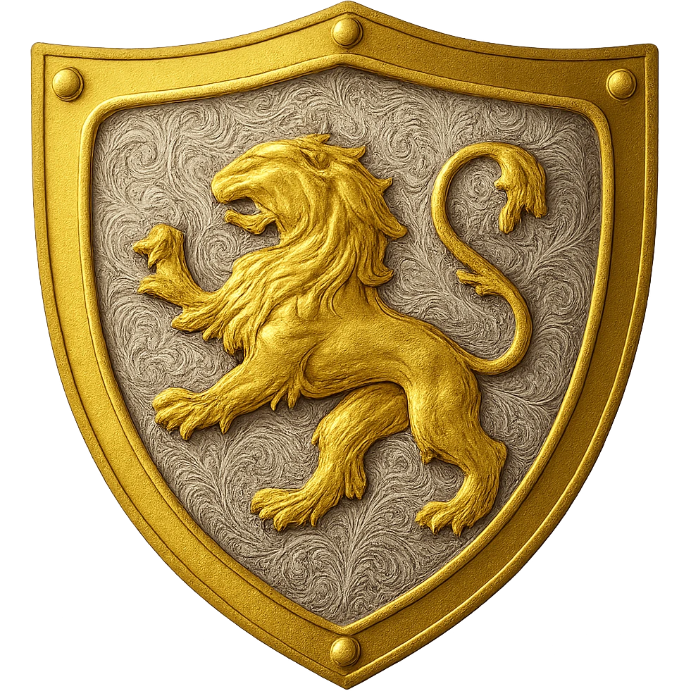 Recolor the shield to a rich, metallic plated gold color with ornate engravings inlaid with bright, reflective silver. Replace the golden bird with a majestic golden lion in the same style and position. The gold should look luxurious and shiny, and the silver engravings should be detailed and reflective. The background should be transparent. emoji