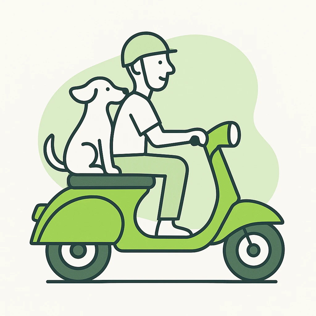 man and his pet dog riding a vespa emoji
