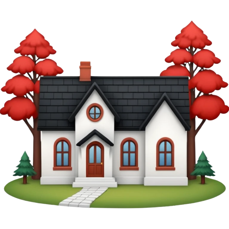 a one-story house with a forest background. The house is to have a white façade with red brick inserts.  the roof is to be black, gable. emoji