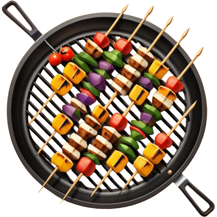 Grilled dishes avatar in bright emoji-style illustration. Skewers, BBQ, and grilled vegetables, warm fire tones, simple shapes, flat design, high contrast, tasty and inviting. emoji