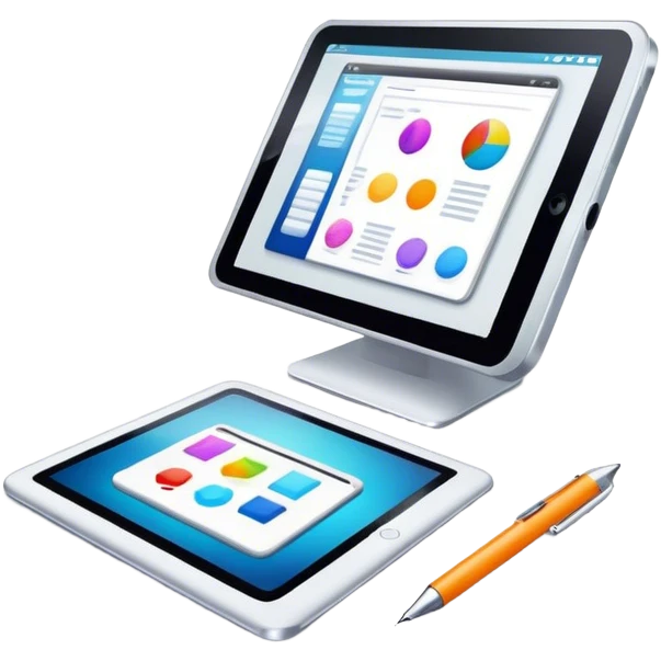 Computer graphics icon, digital design tools like a stylus, tablet, computer image on screen, vibrant colors, minimalistic style, clean lines, transparent background. emoji