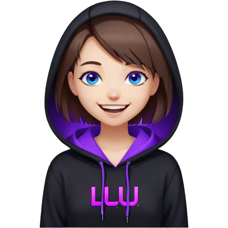 brown haired girl with a bob and blue eyes wearing black hoody with violet letters "Lu", laughs. Cyberpunk style. Violet neon. emoji