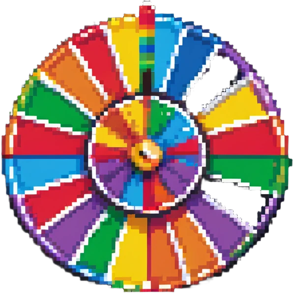 fortune wheel with rainbow colored sections and a spinner arrow emoji
