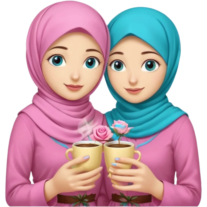 Turkish beautiful finish Konya three girls (friends) blue eyes with pink rose and turkis butter yellow hijab islamic dress and had on her hand turkish coffee   emoji