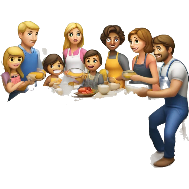 Caucasian family of 10 members preparing breakfast at kitchen  emoji