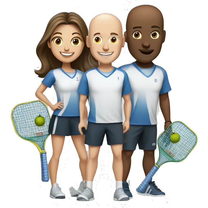 4 people playing pickleball with 1 tall bald male, 1 shorter brown hair male, 2 girls with brown hair emoji