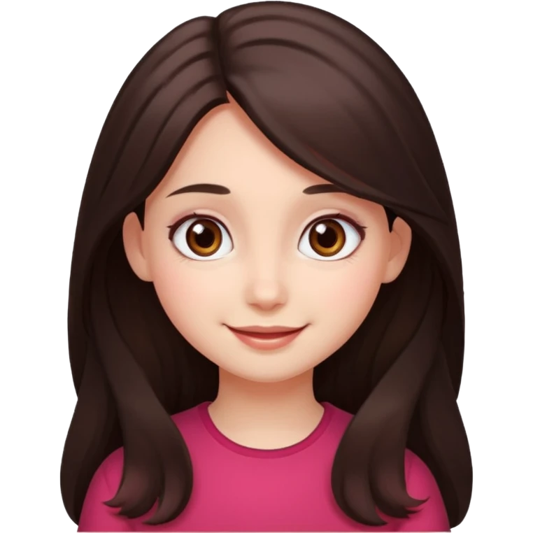 An emoji featuring a girl with dark brown long hair, brown big eyes, light pinkish skin, red cheeks,  emoji