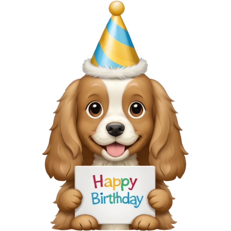 cocker spaniel holding sign that says “happy birthday amigo” emoji