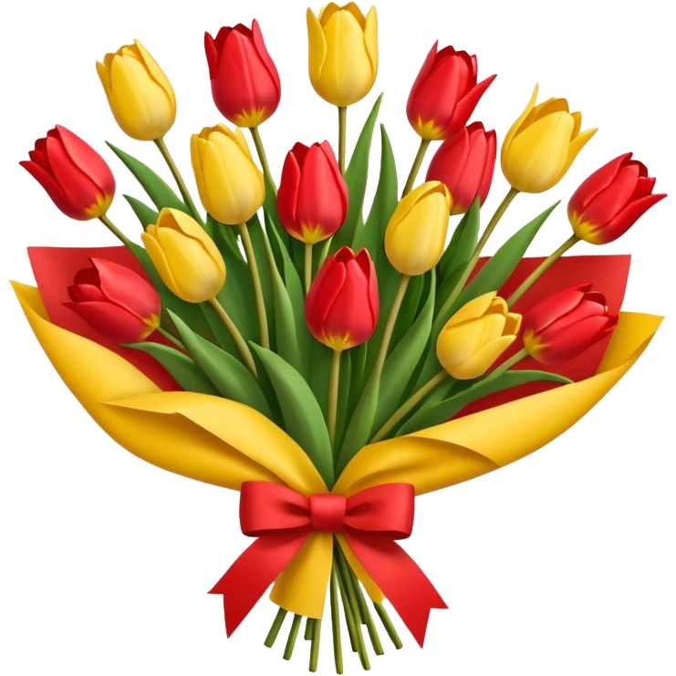bouquet of tulip with red bow and yellow wrapping paper emoji